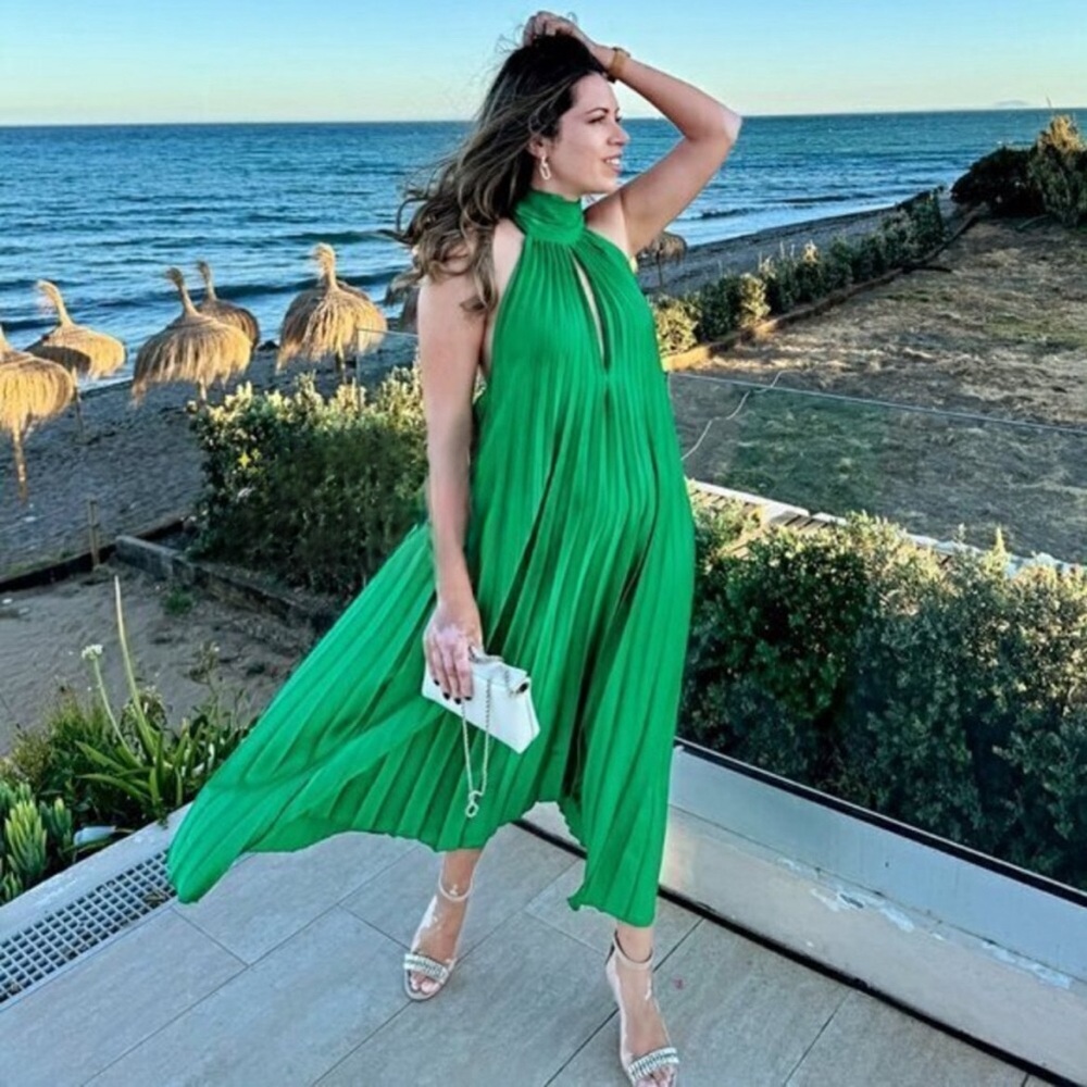 MANGO NWT BLOGGER FAVE Green Pleated Tie Neck Halter Midi Dress Sz 8 - Picture 13 of 17